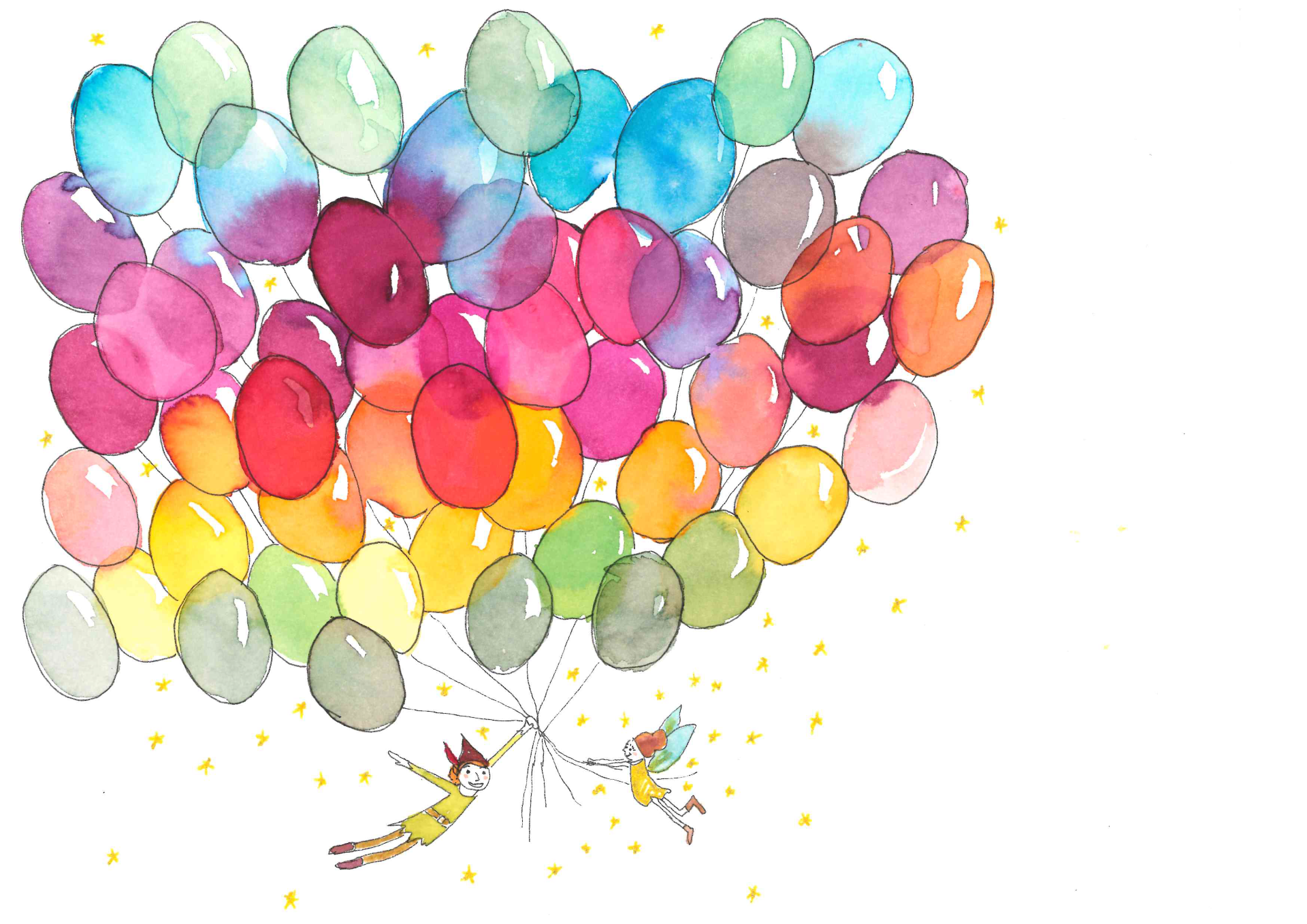 Peter Pan and Tinker Bell fly thanks to balloons created using watercolor and mixed media