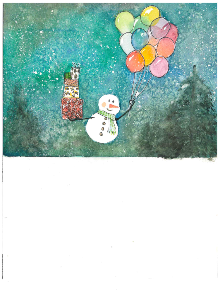 Fold-out Christmas card featuring a watercolor illustration of a snowman with colorful balloons.