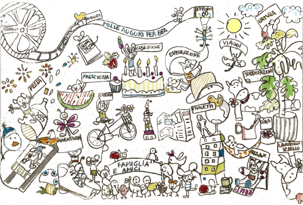 A custom black-and-white illustration full of details and doodles for a birthday card.